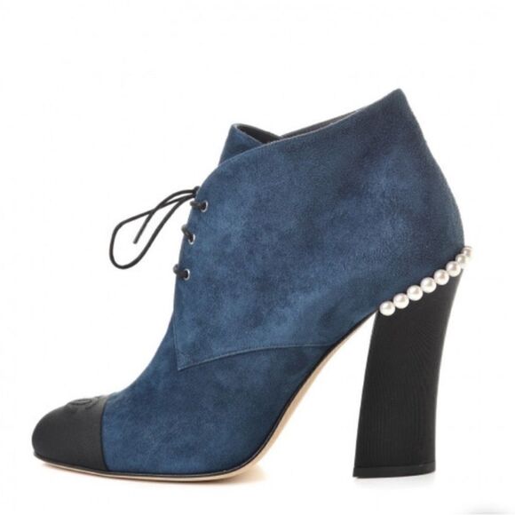 Chanel Elegant Blue suede Ankle Boots with Pearl Detail, US8,5 - Picture 1 of 14